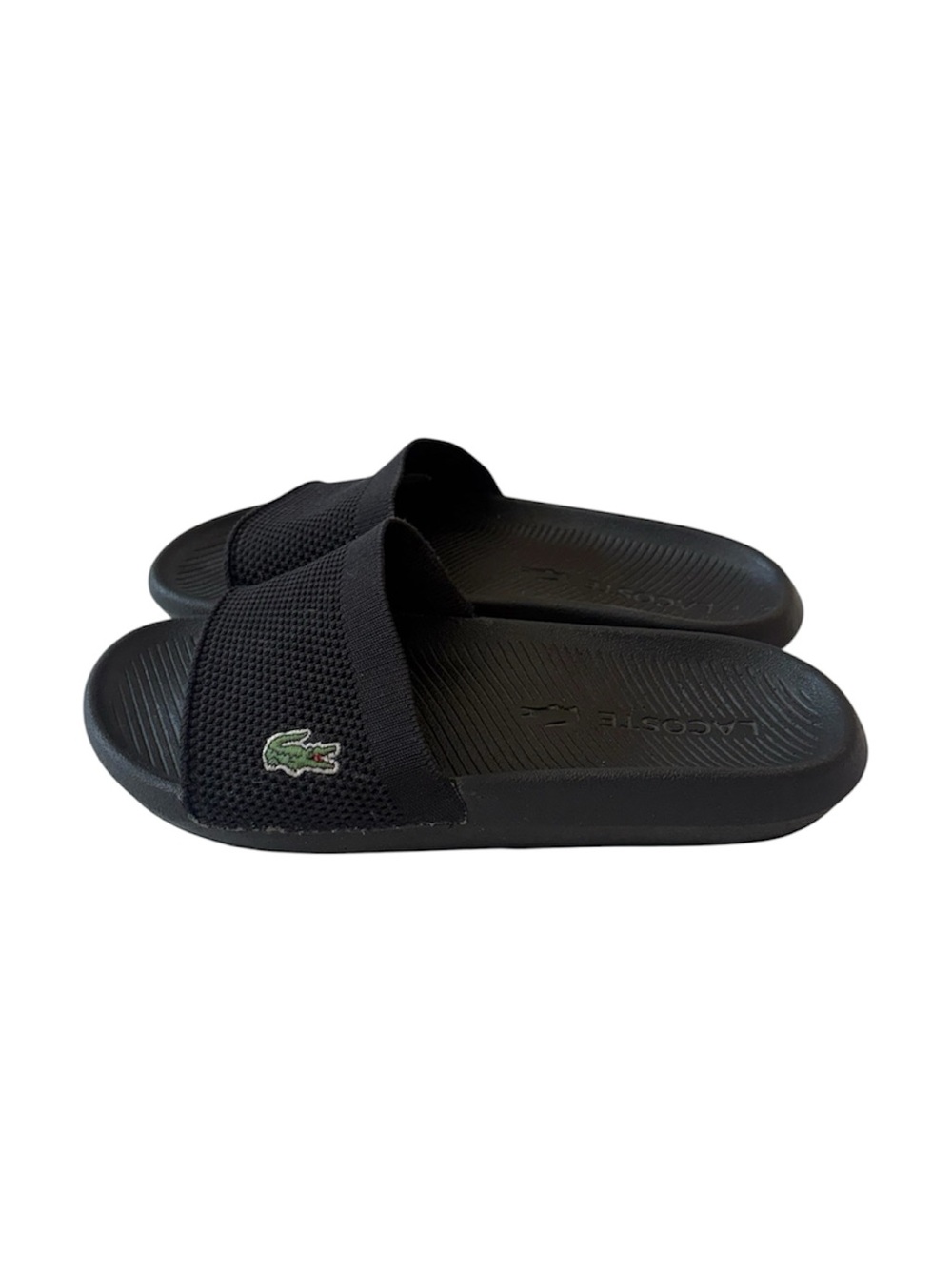 Lacoste Croco Pique Knit Sliders In Black